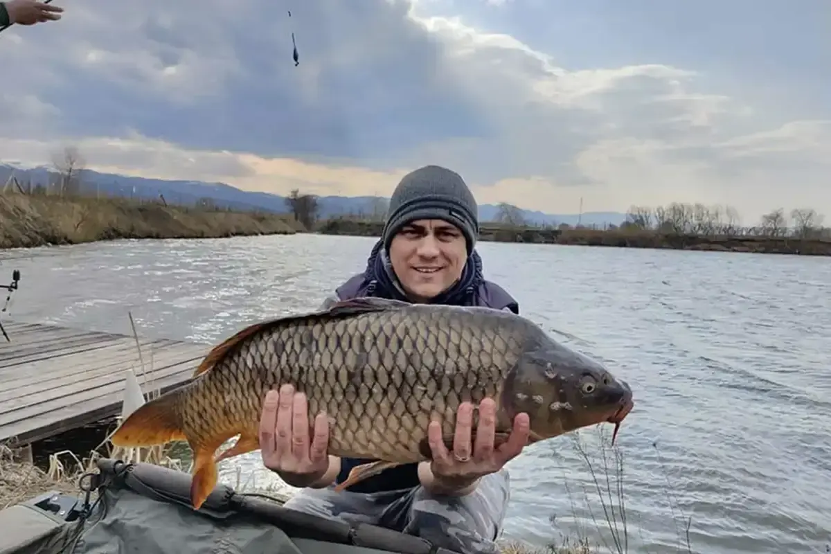 Pescar langa balta de pescuit tine un peste prins la Catch&Release in Sibiu